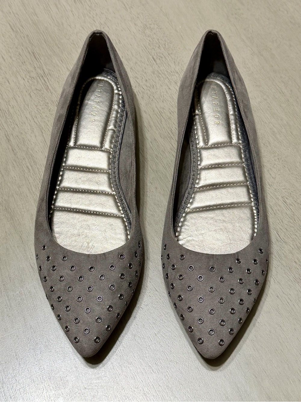Metaphor Pointed-Toe Studded Flats in Charcoal